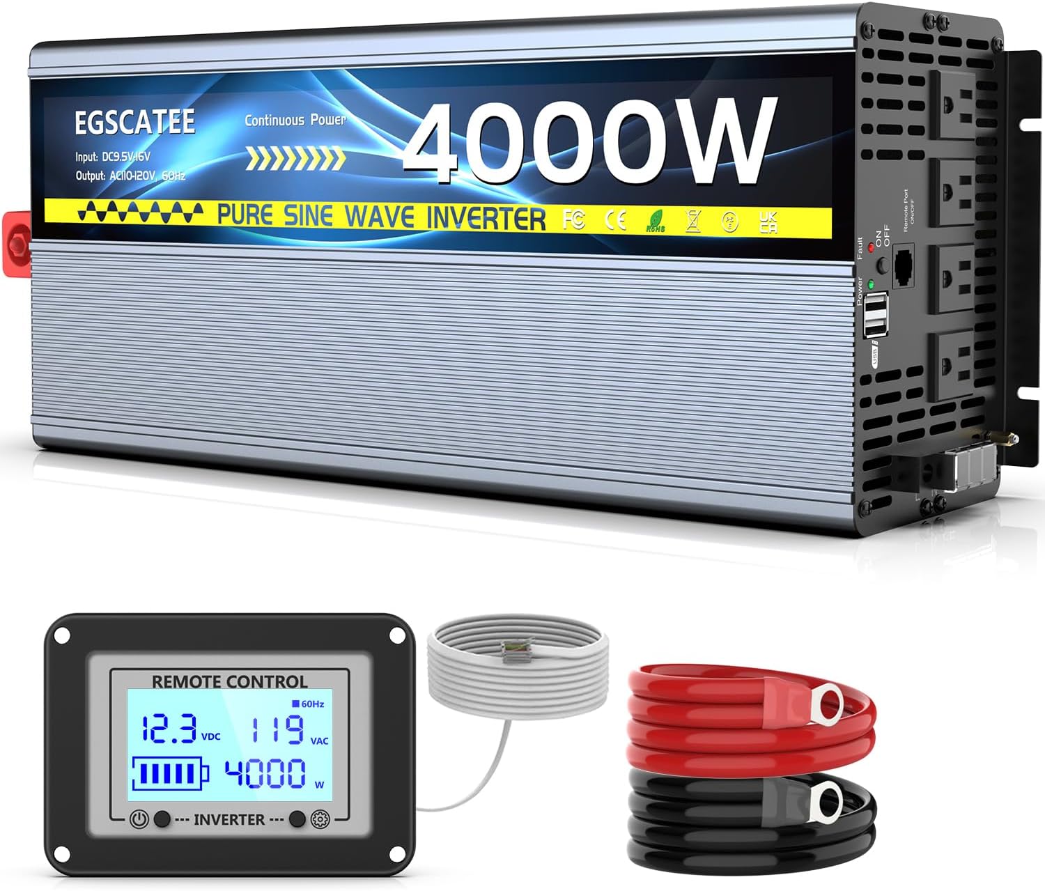 Pure Sine Wave Inverter 12V DC to 110V/120V AC Inverter with 4AC Outlets, 5V/3.4...