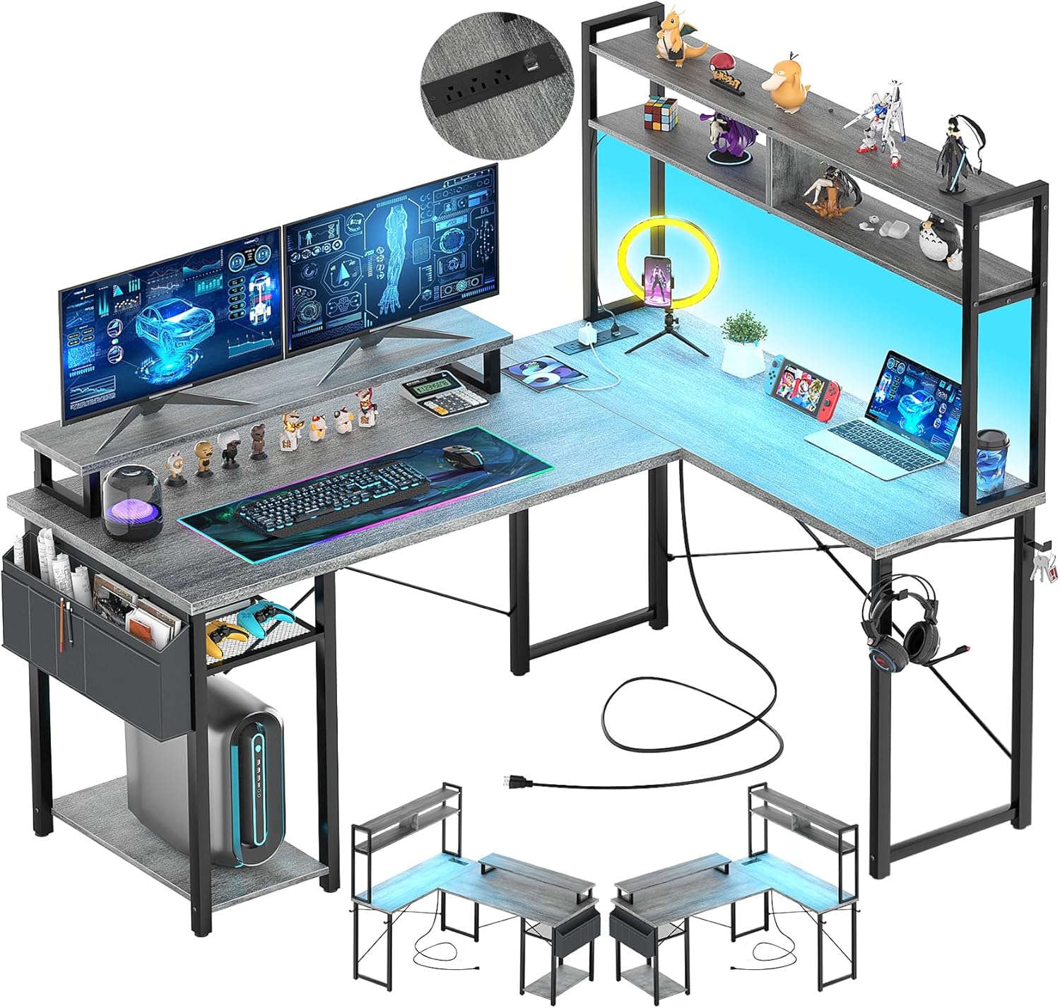Aheaplus Small L Shaped Gaming Desk with LED Lights & Power Outlets, Reversible...