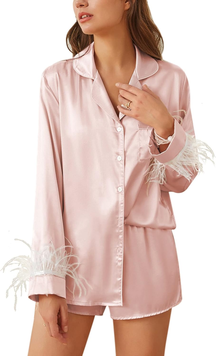 Ekouaer Women's Bridal Feather Trim Silk Satin Pajama Set Long Sleeve Lounge Set...