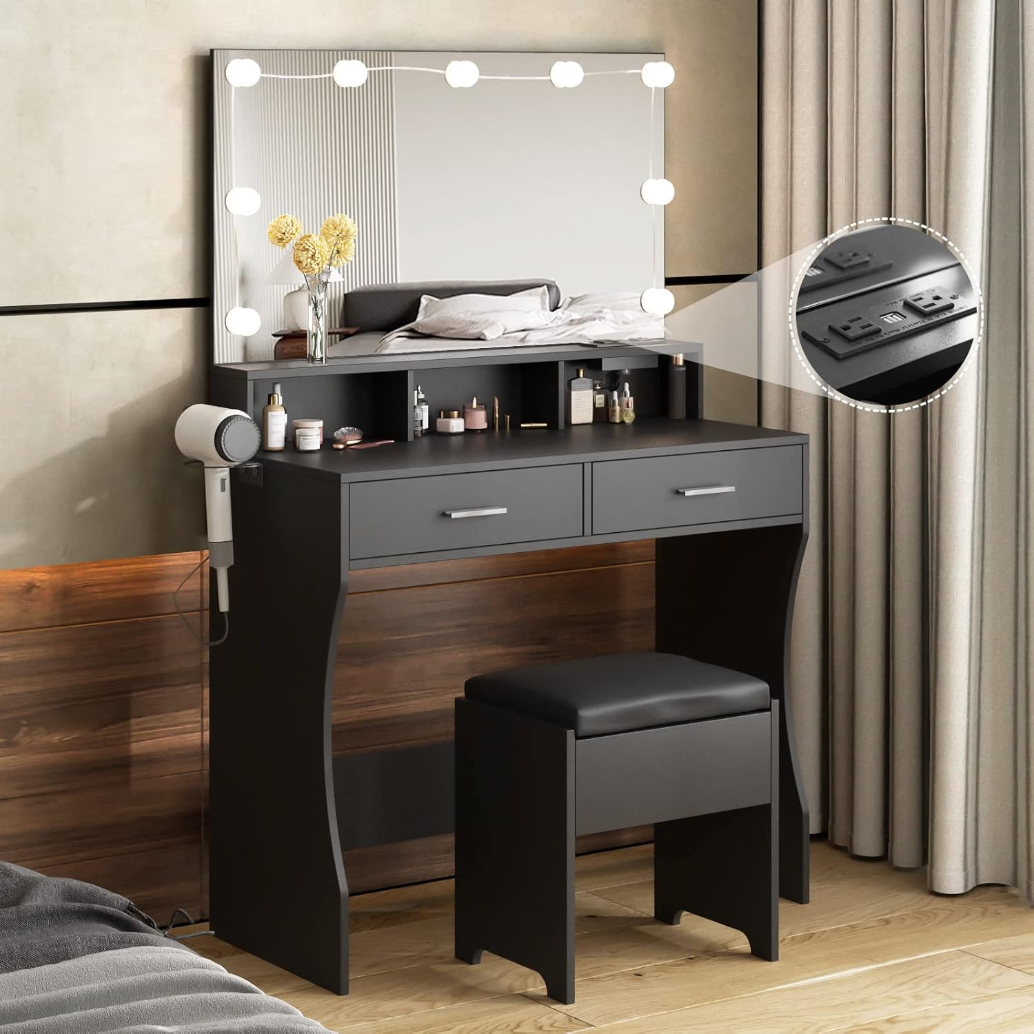 Vabches Makeup Vanity with Lighted Mirror & Power Outlet, White Vanity Set Vanit...