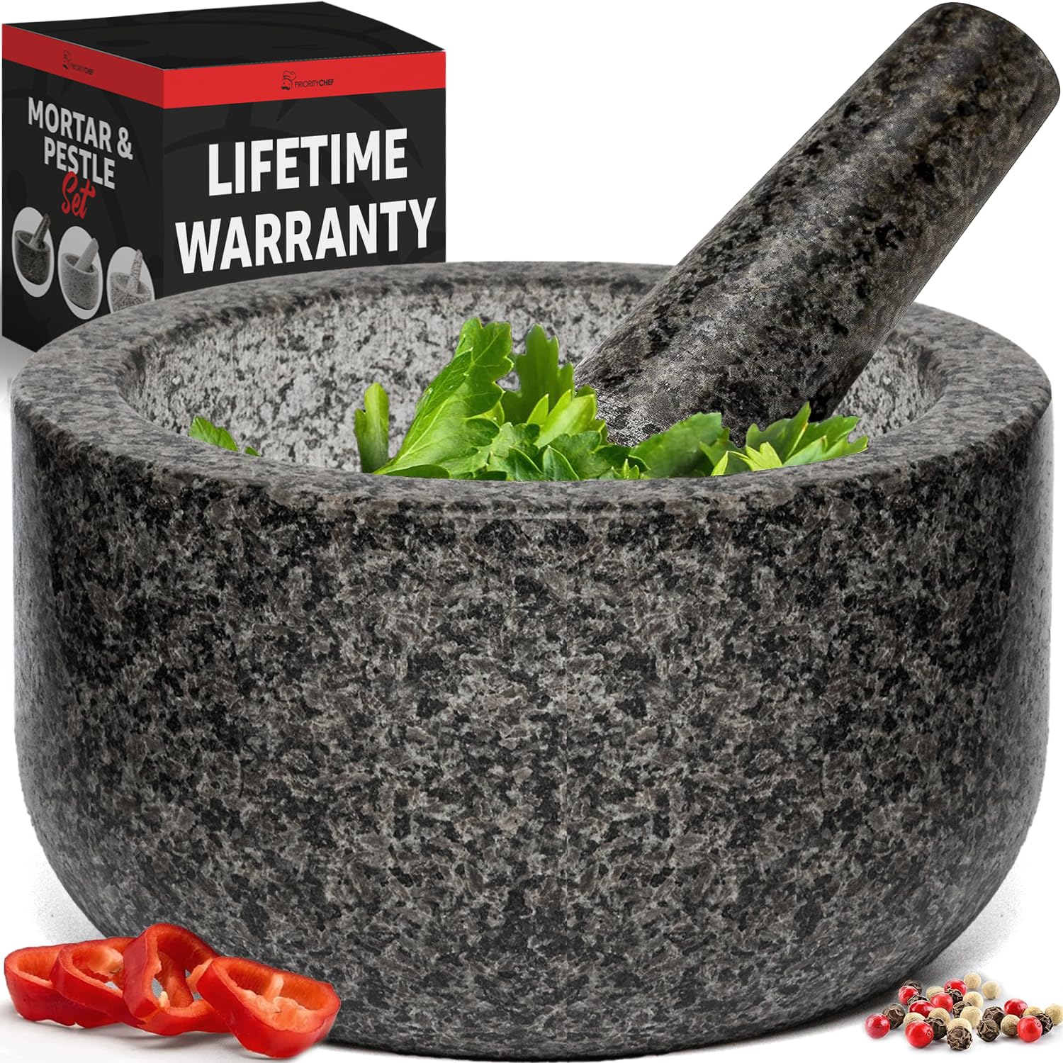 Heavy Duty Large Mortar and Pestle Set,100% Granite, Non Slip Base, Make Fresh G...