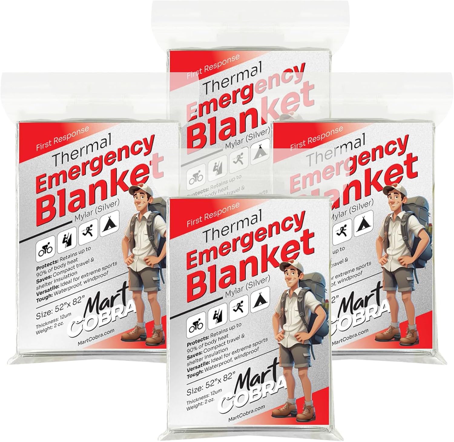 Mart Cobra Emergency Blanket 4-Pack Space Mylar Blankets Survival Gear and Suppl...