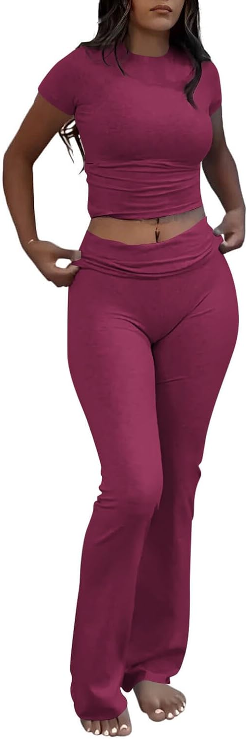 Women's 2 Piece Lounge Outfits Slim Short Sleeve Tops Low Rise Flare Leggings Se...