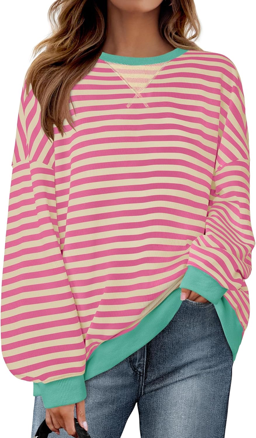 ZESICA Womens Casual Striped Pullover Tops Long Sleeve Shirts Crewneck Oversized...