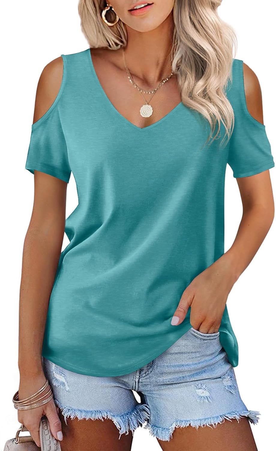 Amoretu Womens Short Sleeve Cold Shoulder Basic Tee Tops Shirts Small Turquoise
