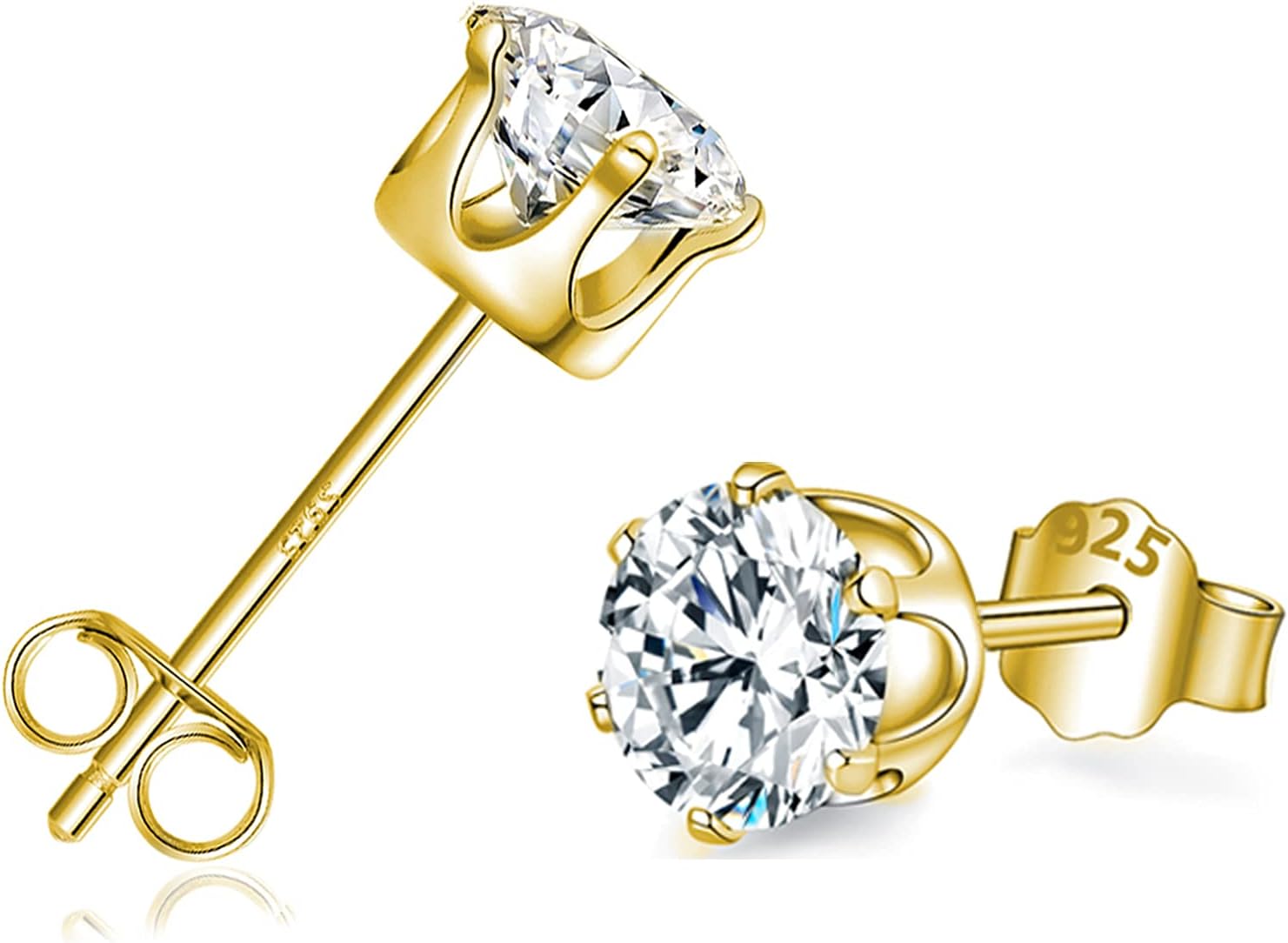 18K Gold Stud Earrings, 925 Sterling Silver Stud Earrings with AAAAA Cubic Zirco...