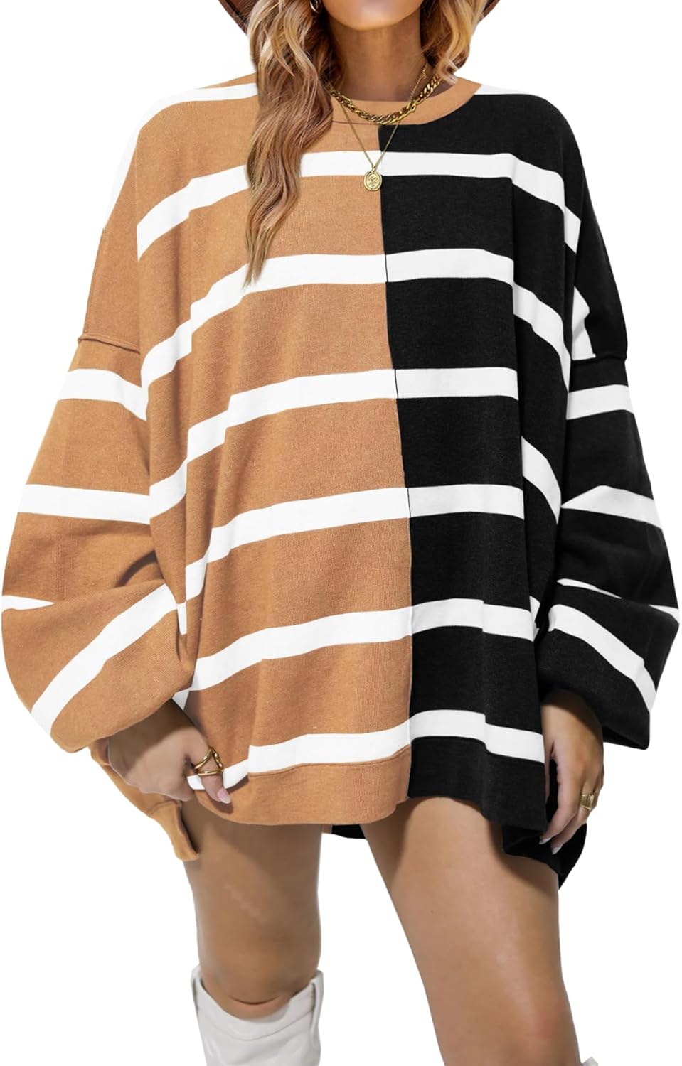 Fisoew Womens Striped Pullover Sweater Crew Neck Long Sleeve Knitted Color Block...