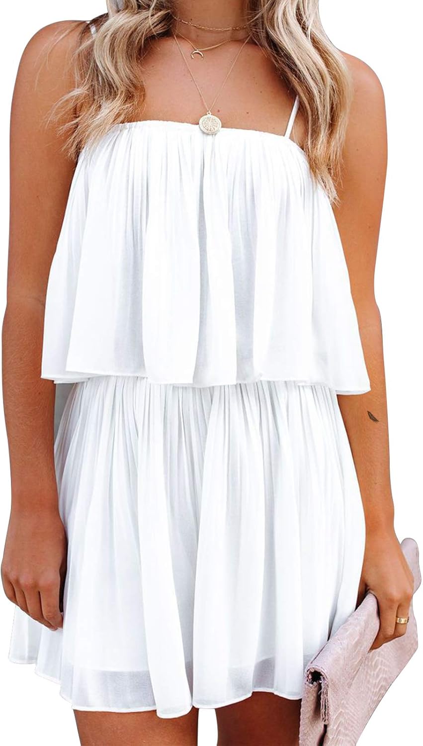 EXLURA Womens 2025 Summer Romper Dress Spaghetti Strap Pleated Fashion Short Jum...