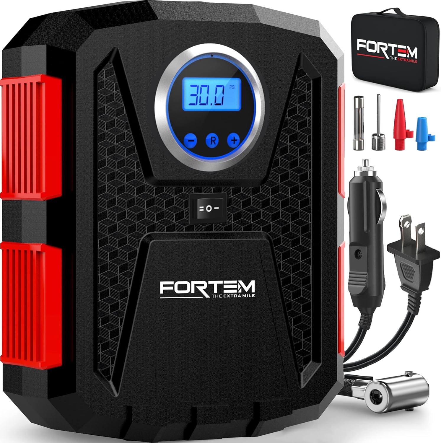 FORTEM Car Tyre Inflator 150 PSI, Air Compressor, 230V AC 12V DC Electric Air Pu...
