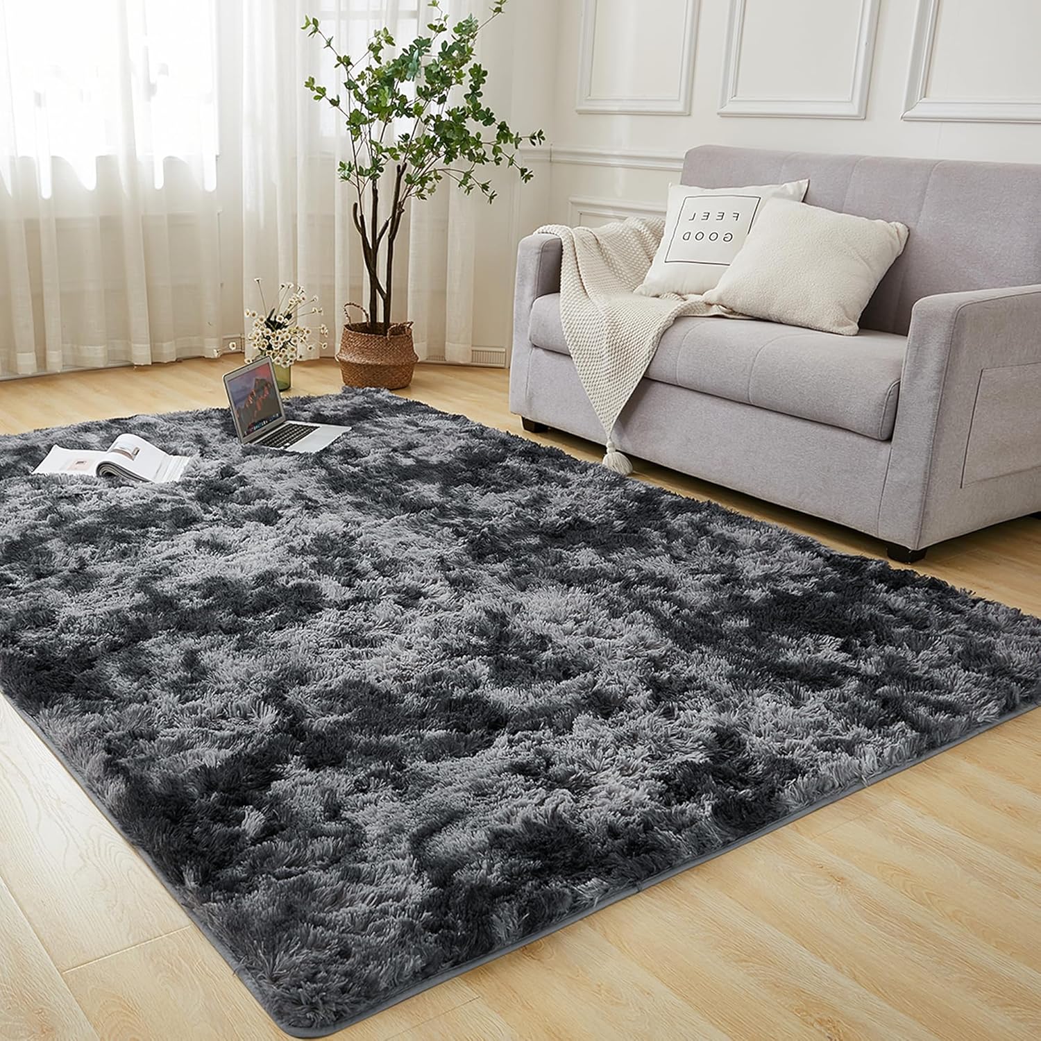 Andency 5x8 Shag Area Rug for Living Room, Tie-Dyed Dark Grey Soft Fuzzy Plush I...