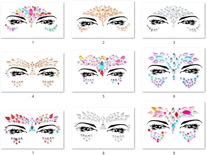 9 PCS Face Gems Adhesive Glitter Jewel Tattoo Sticker Festival Gems Rave Party B...