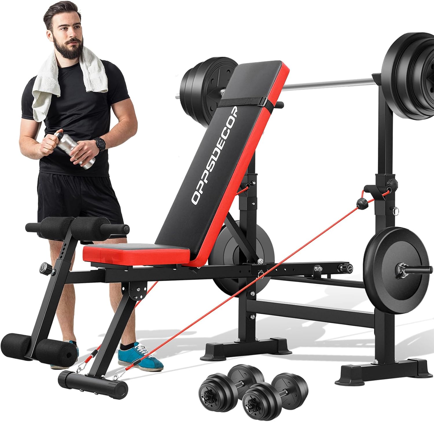 OPPSDECOR 6 in 1 660lbs Weight Bench Set with Squat Rack, Bench Press Set with B...