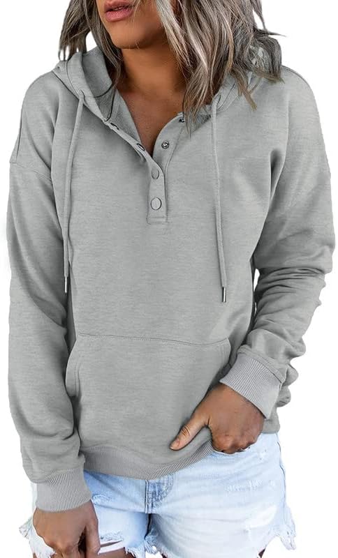 Dokotoo Womens 2024 Hoodies Button Collar Drawstring Hooded Pullover Sweatshirt...