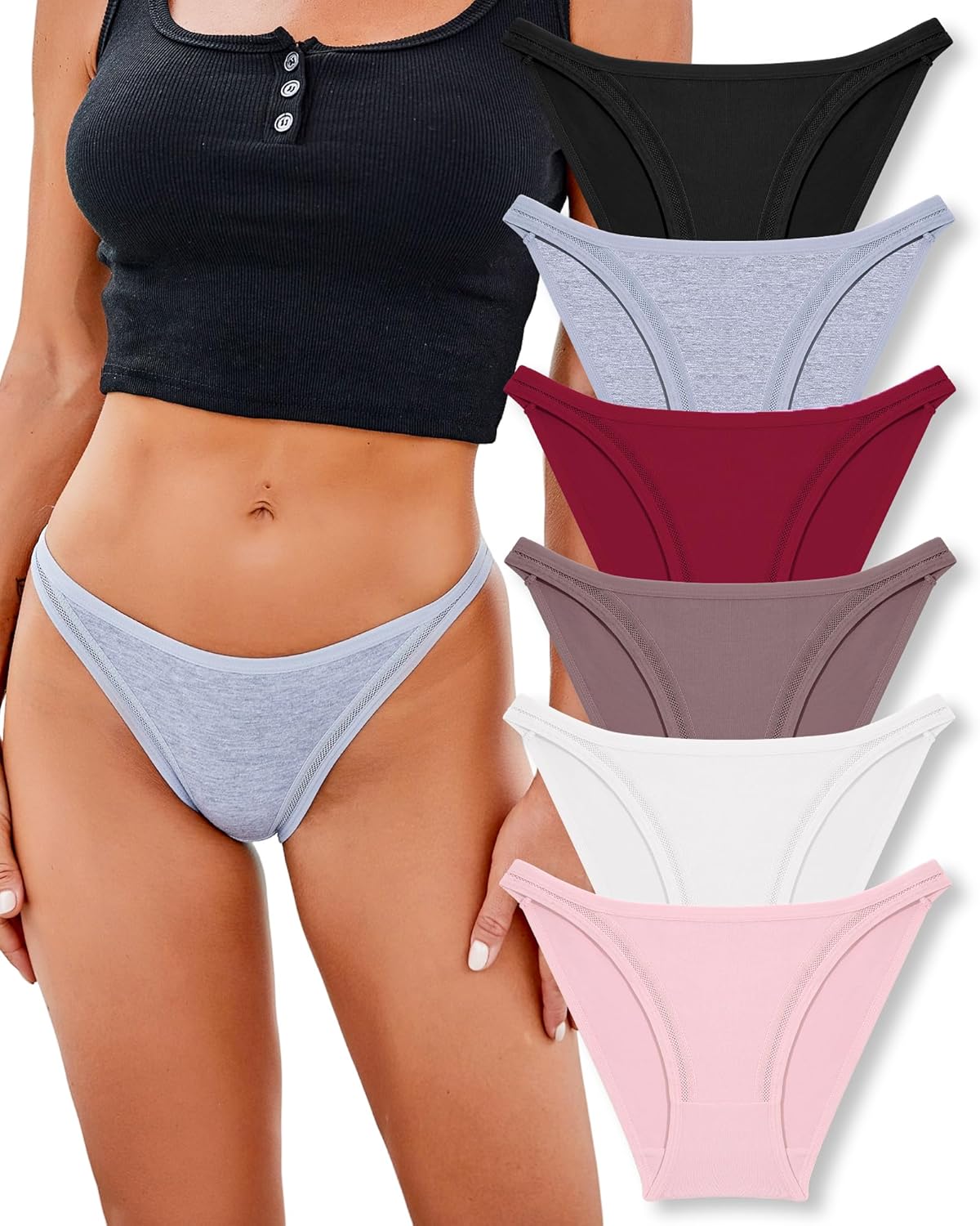 FINETOO 6 Pack String Underwear for Women Cotton High Cut Stretch Breathable Low...