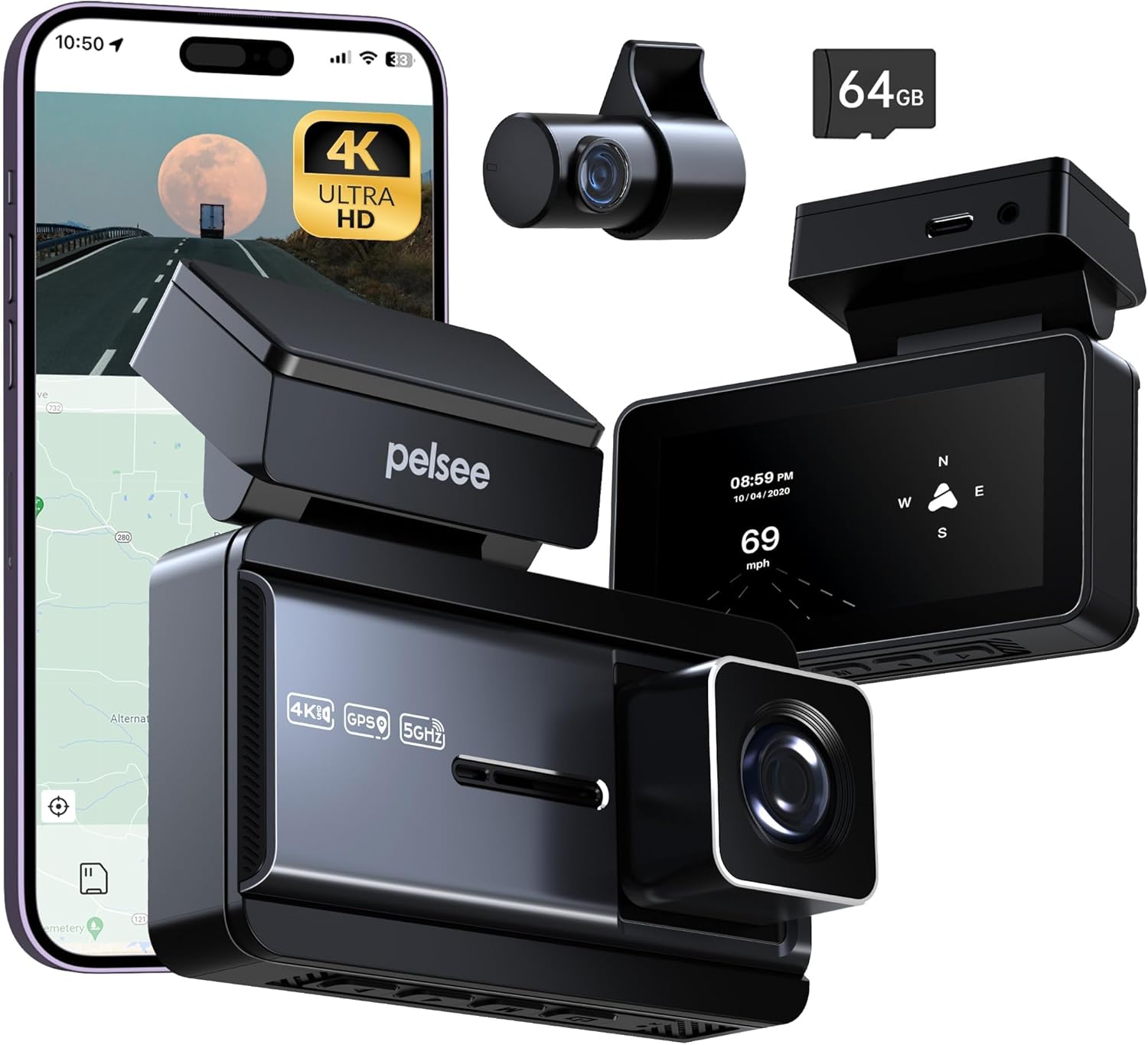 P3 4K Dash Cam Front and Rear, 64GB SD Card, 4K+1080P Dual Dash Camera for Cars...