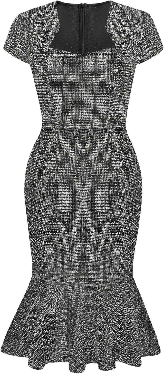 GRACE KARIN Womens Elegant Cap Sleeve Fishtail Midi Tweed Bodycon Dress Large Bl...