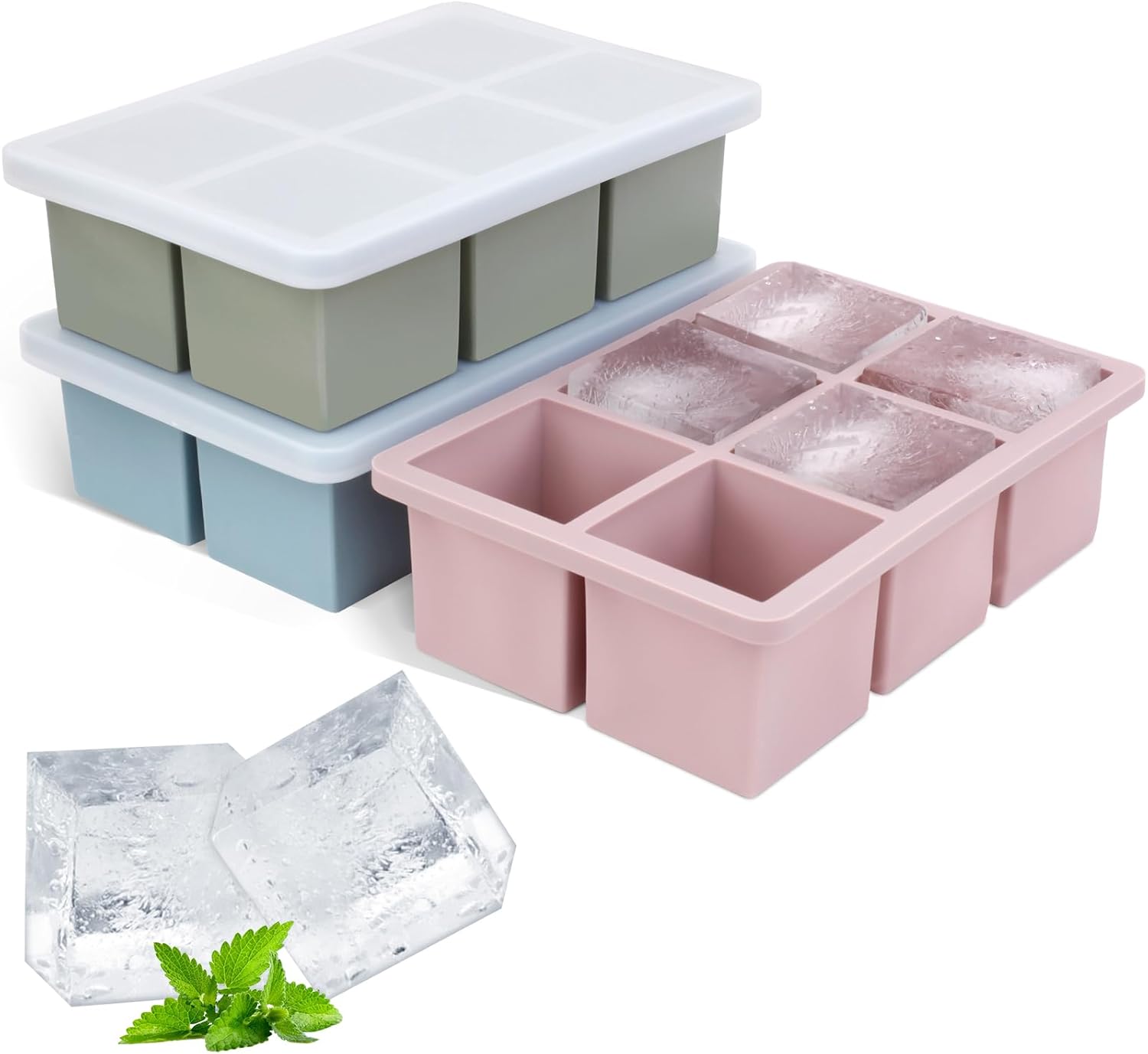 Large Silicone Ice Cube Tray 3Pack, SAWNZC Big Square Ice Cube Molds for Whisky...