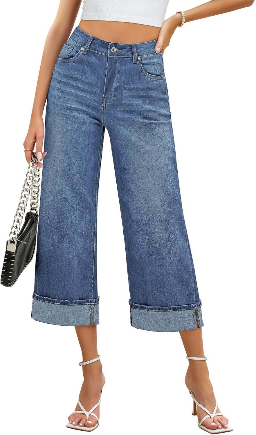 GRAPENT Wide Leg Jeans for Women High Waisted Stretchy Denim Crop Pants Fold Hem...