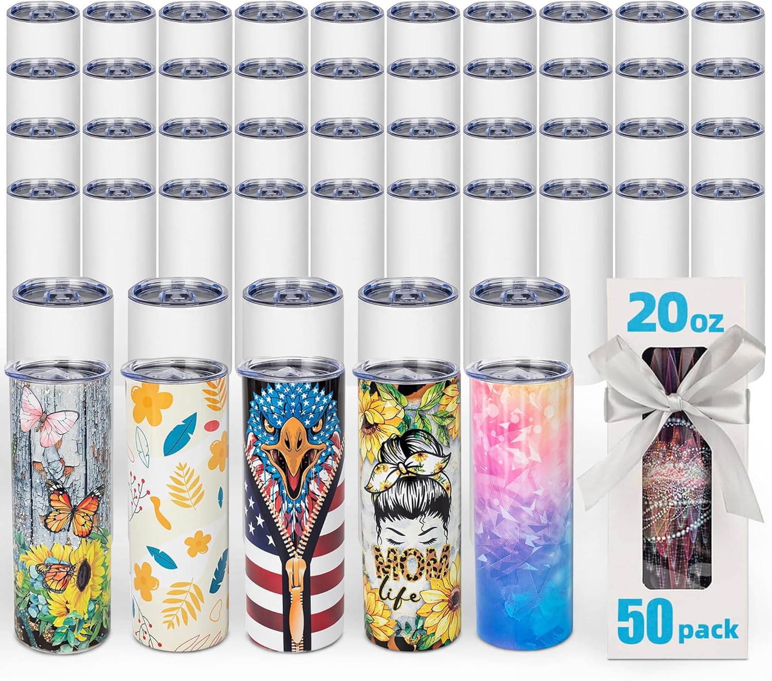 50 Pack 20 OZ Sublimation Tumbler Blanks Skinny Straight in Bulk, Stainless Stee...