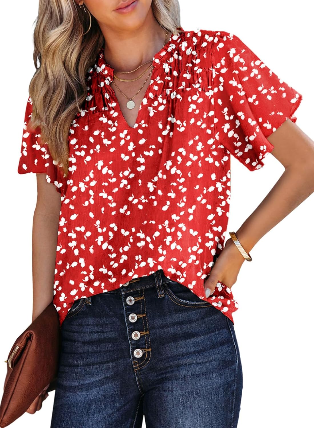 SHEWIN Women's Casual V Neck Floral Print Smocked Short Sleeve Chiffon Blouses B...