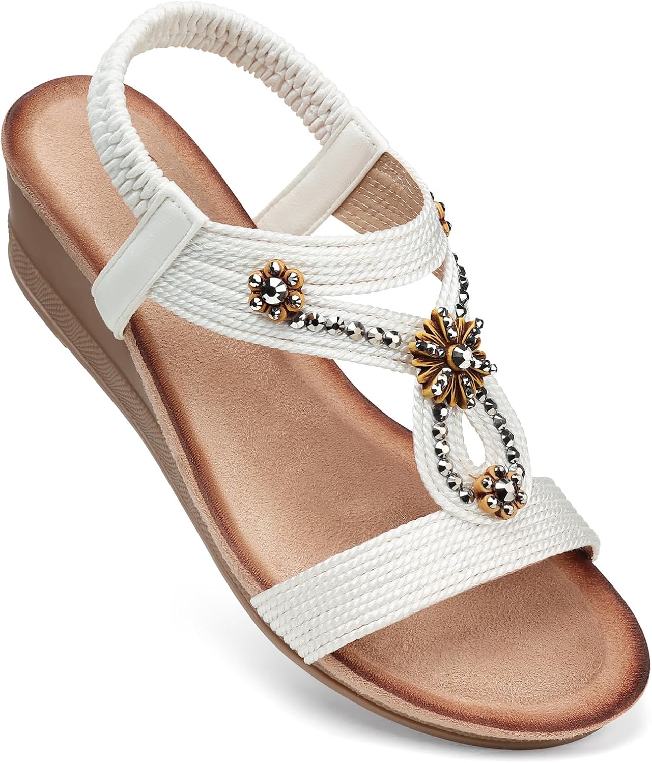 SHIBEVER Womens Wedge Sandals Flower Low Heel Dressy Sandals Elastic Ankle Strap...