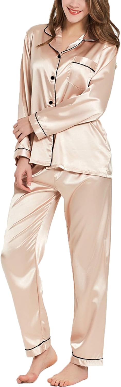 SWOMOG Women's Pyjama Set Silk Satin Long Sleeve Button Down Pyjamas Two Piece C...