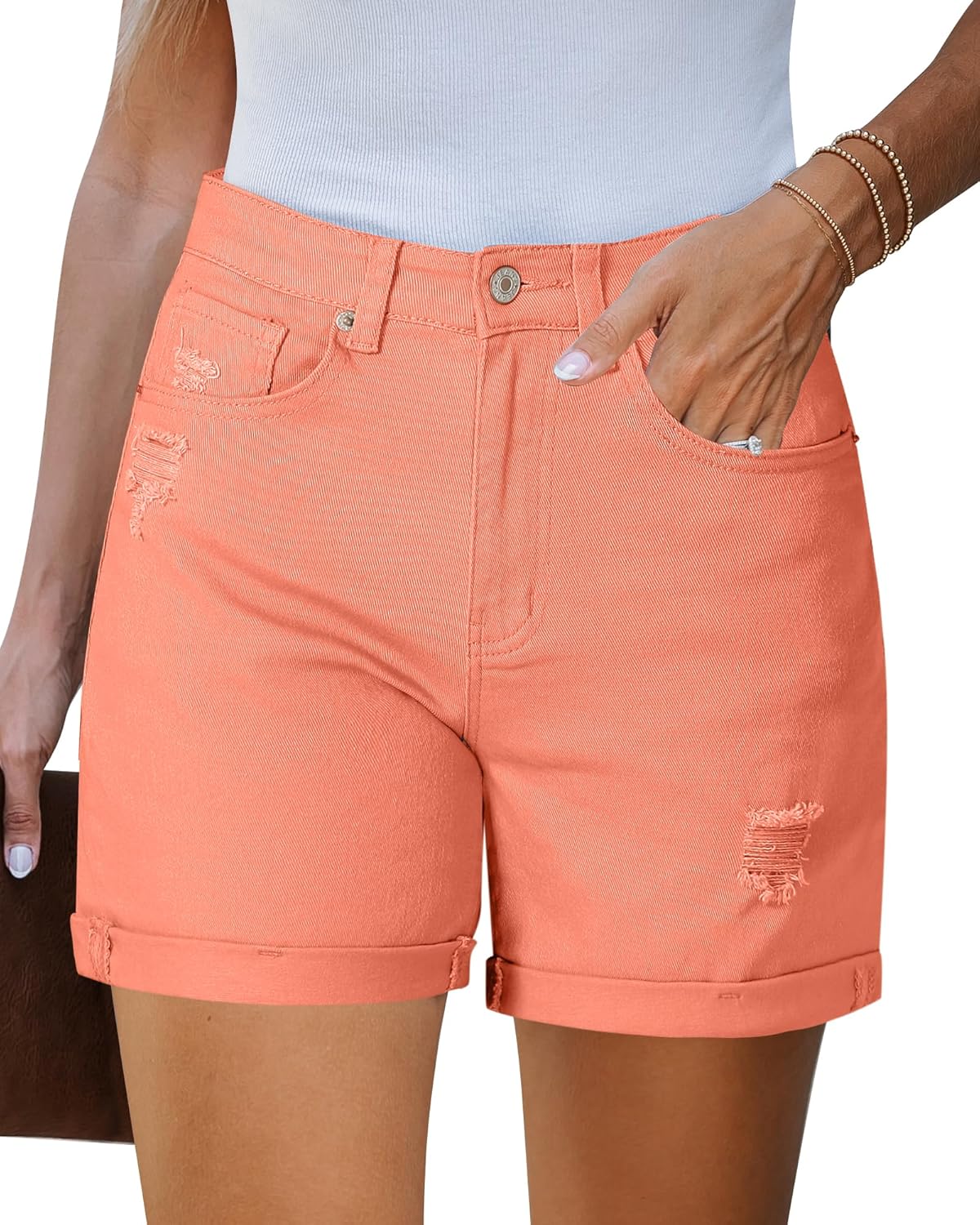 LookbookStore Jean Shorts Womens Stretchy High Waisted Ripped Denim Shorts with...