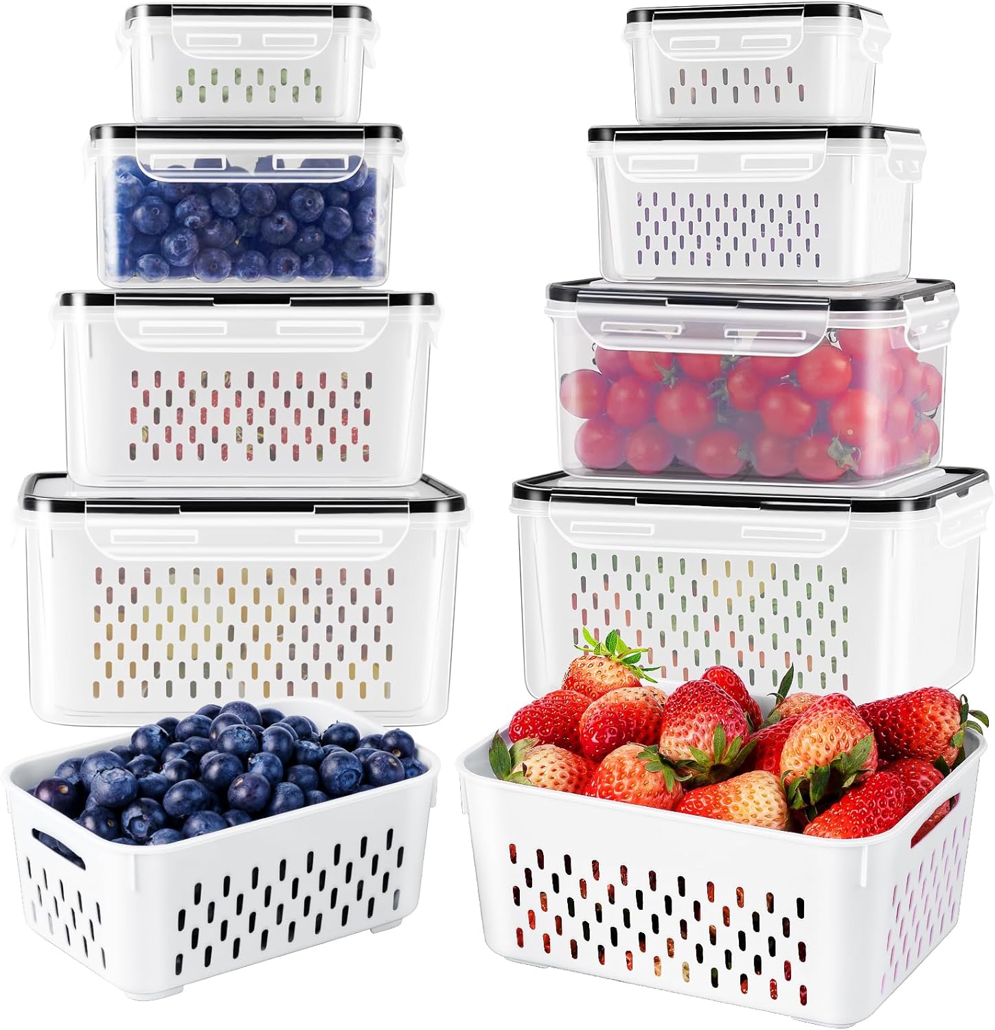 4 PCS Fruit Storage Containers for Fridge with Removable Colander, Airtight Food...