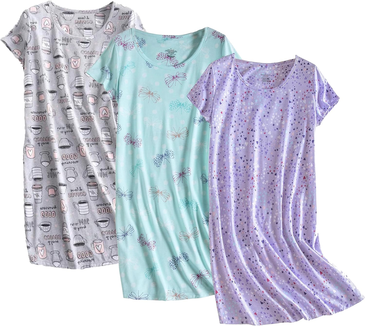 Inadays 3 Pack Women's Cotton Nightgown Sleepwear Short Sleeves Nightshirt Fun P...