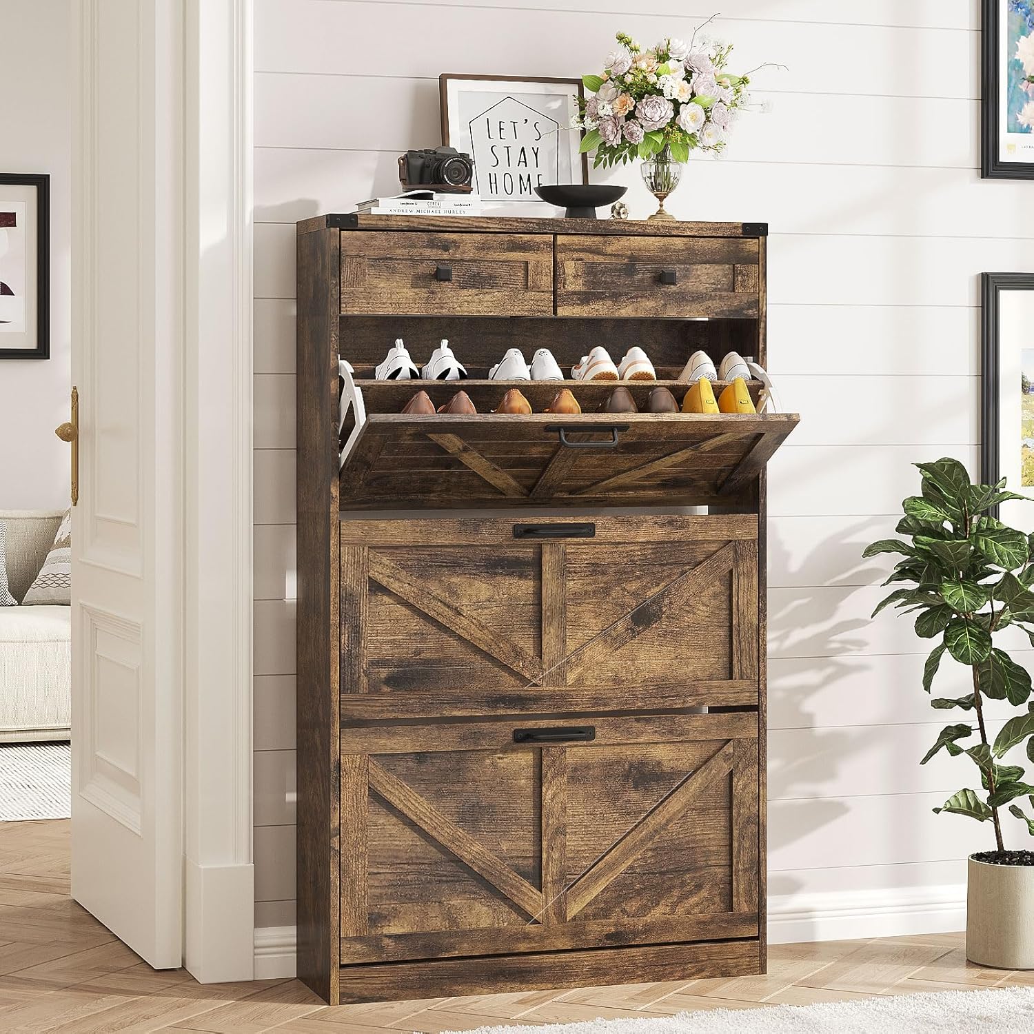 Shoe Cabinet with 3 Flip Drawers & 2 Drawers,Shoe Storage Cabinet for Entryway,F...