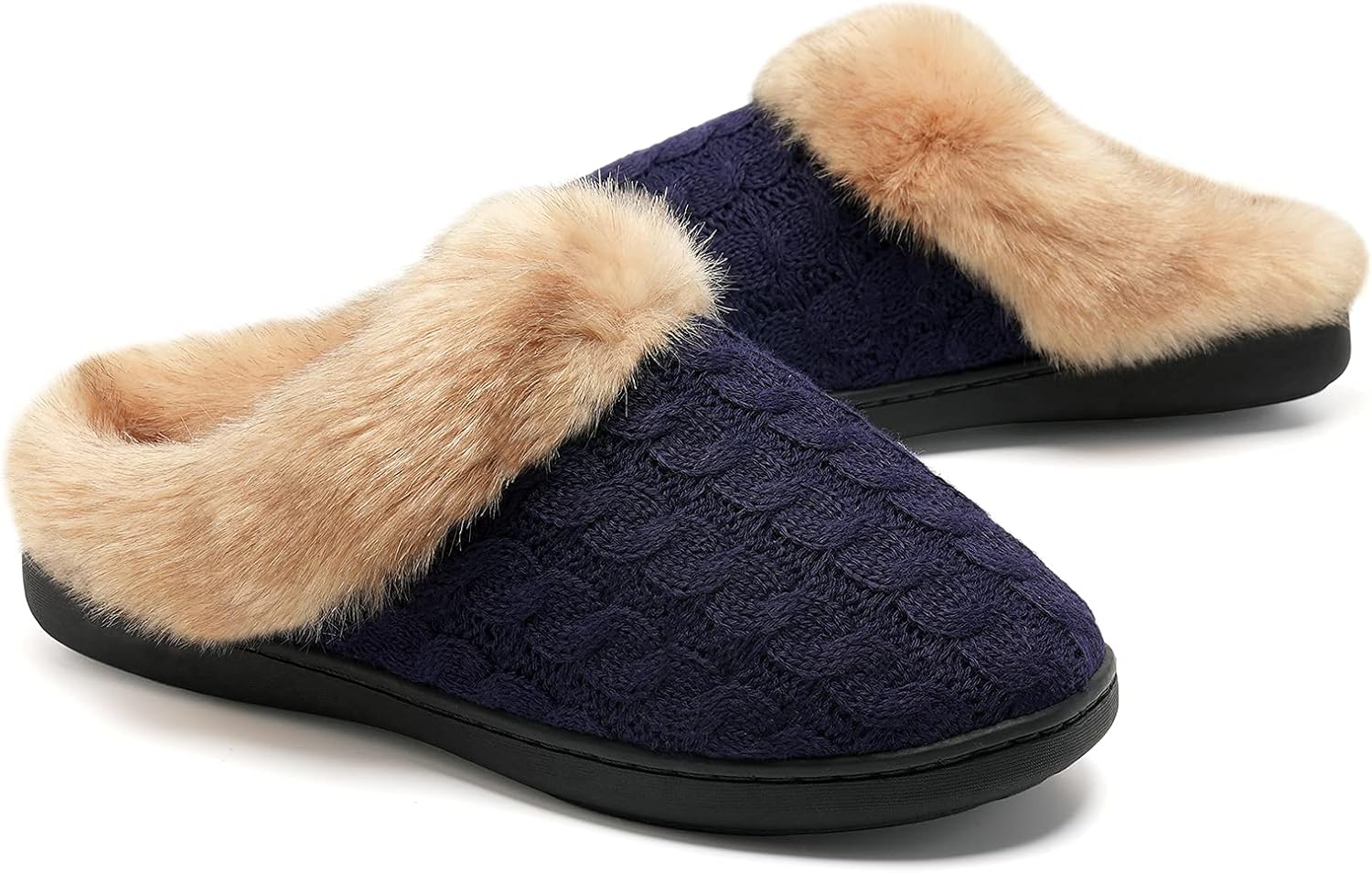 WateLves Women's Memory Foam Slippers Knitted Fur Collar House Shoes Anti-Skid S...