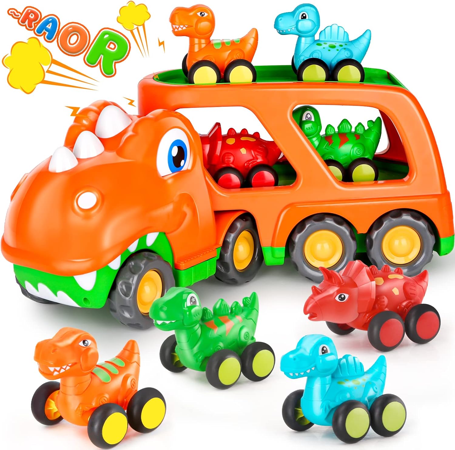 Aoskie Dinosaur Toy Cars for 3 4 5 Year Boys,Transporter Carrier Truck with 4 Pu...