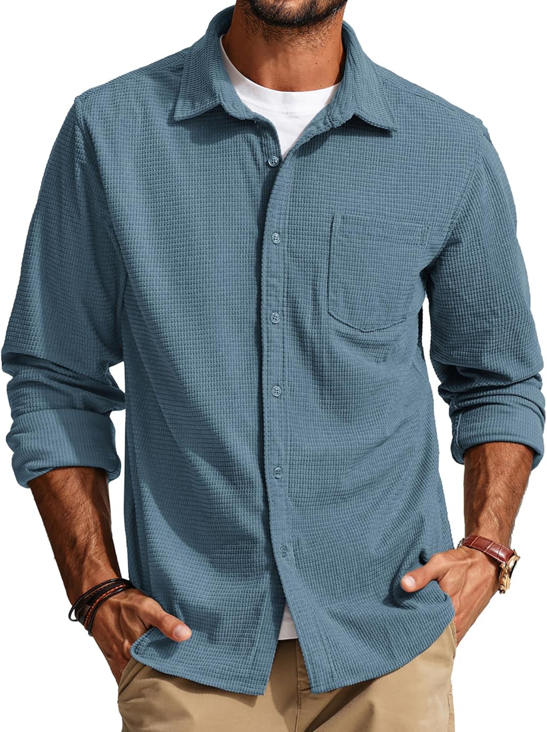PJ PAUL JONES Men's Button Down Shirt Texture Wrinkle Free Shirts Long Sleeve Wa...