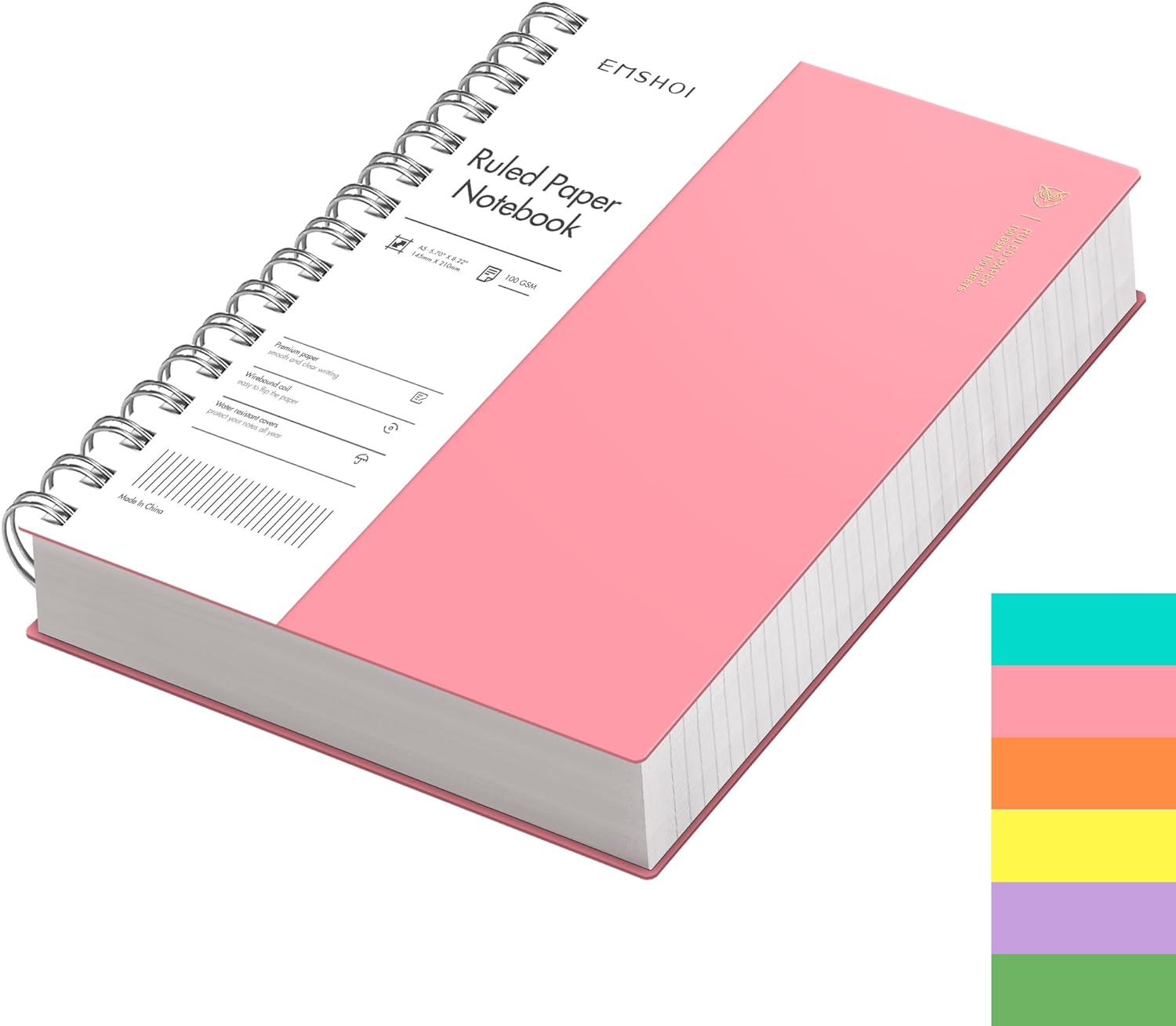 EMSHOI A5 Notebook Lined 300 Pages/150 Sheets, Wirebound Spiral Notepad Multi-co...