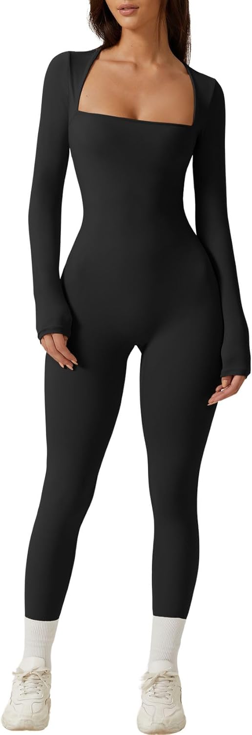 QINSEN Womens Sexy Square Neck Long Sleeve Full Length Leggings Bodycon Stretch...