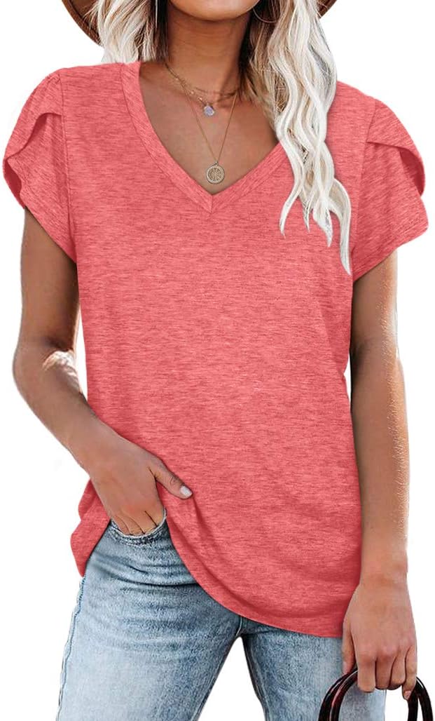 WIHOLL Womens Tops V Neck Summer Petal Sleeve Casual Tshirts Red X-Large