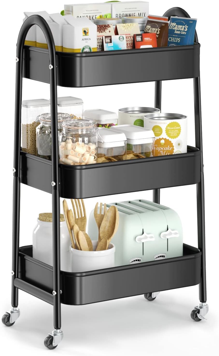 EAGMAK 3 Tier Utility Rolling Cart, Metal Storage Cart with Handle and Lockable...