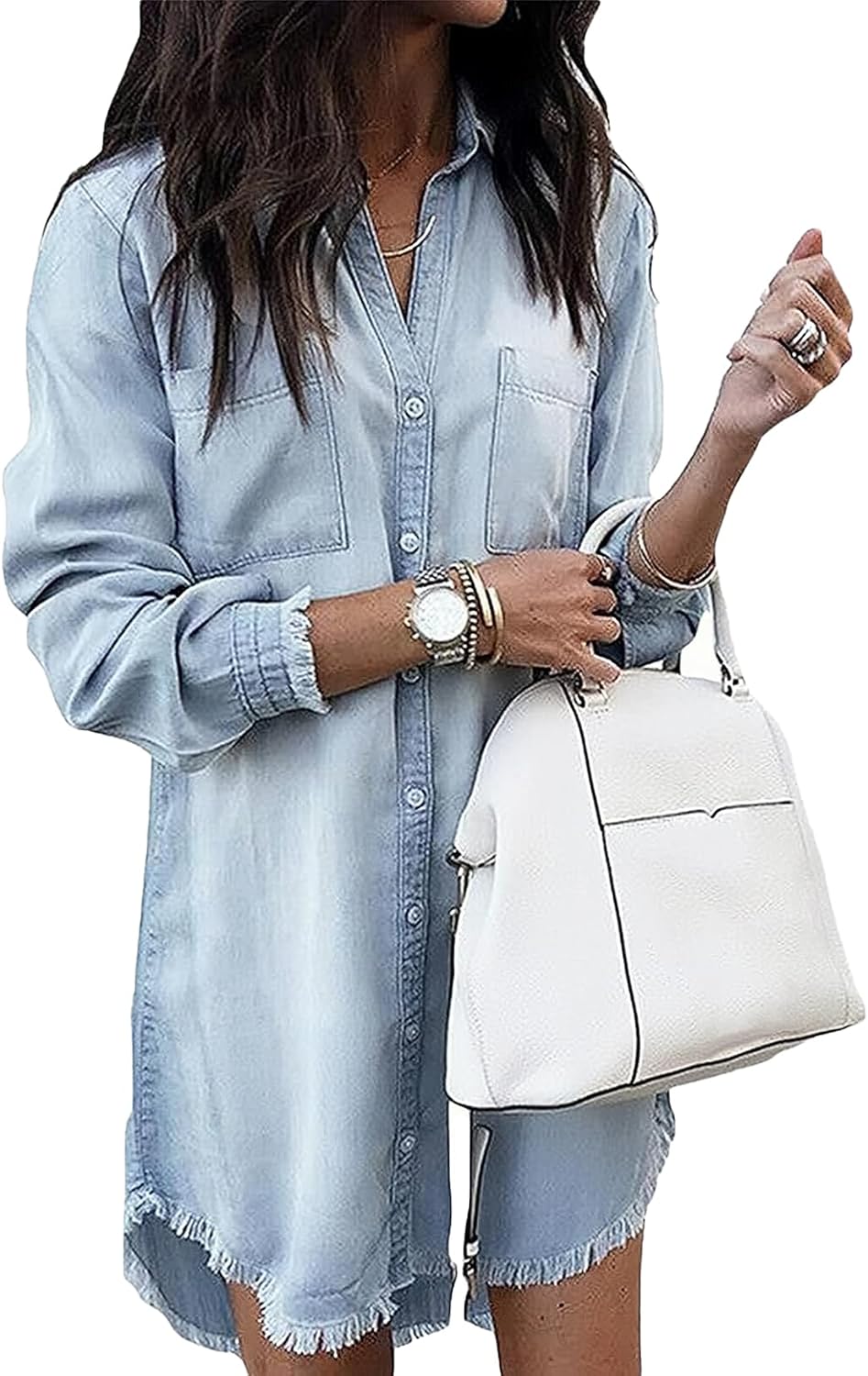 Zilcremo Women Denim Shirt Dresses Long Sleeve Distressed Jean Dress Button Down...