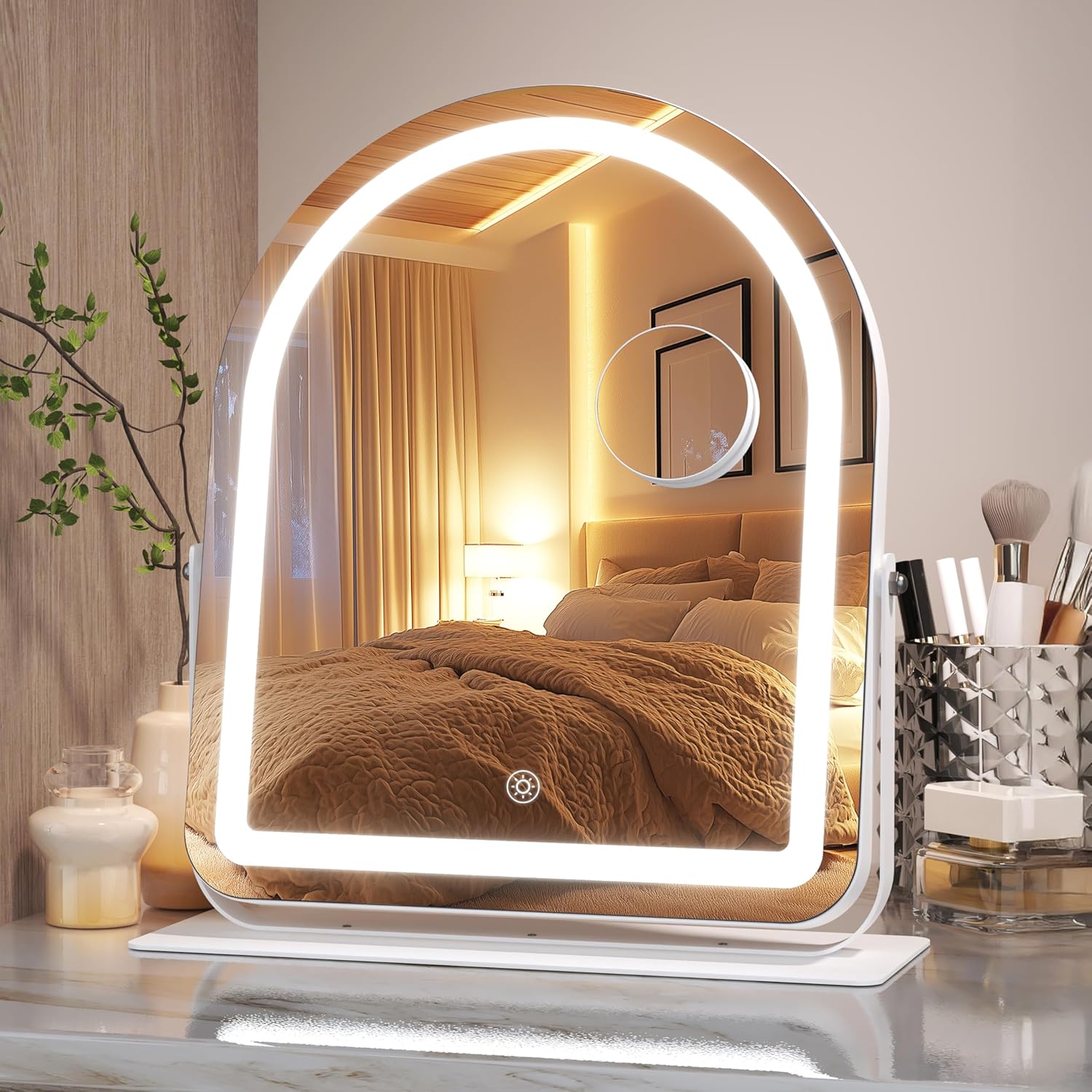 Hasipu Vanity Mirror with Lights, 12"× 13.8" Arched LED Makeup Tabletop Mirror,...