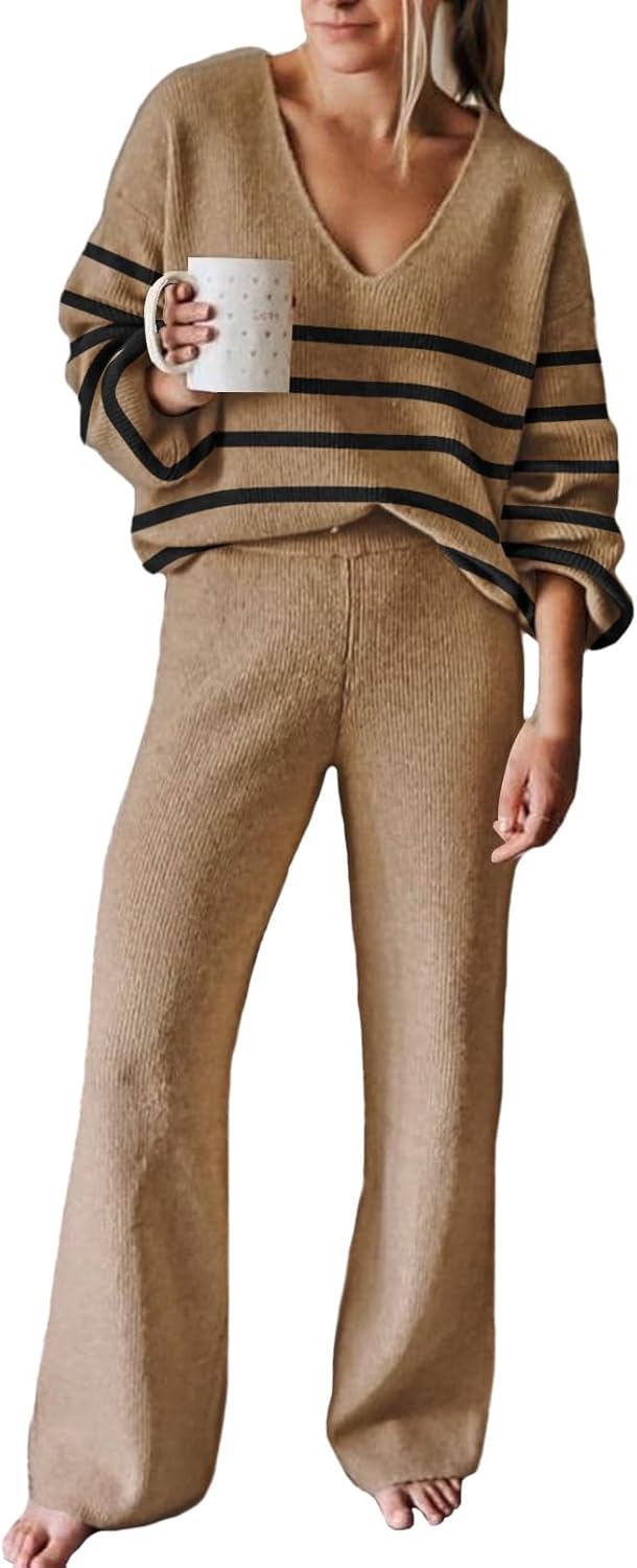 Viottiset Women's 2 Piece Outfits Casual V Neck Knit Wide Leg Sweater Lounge Set...