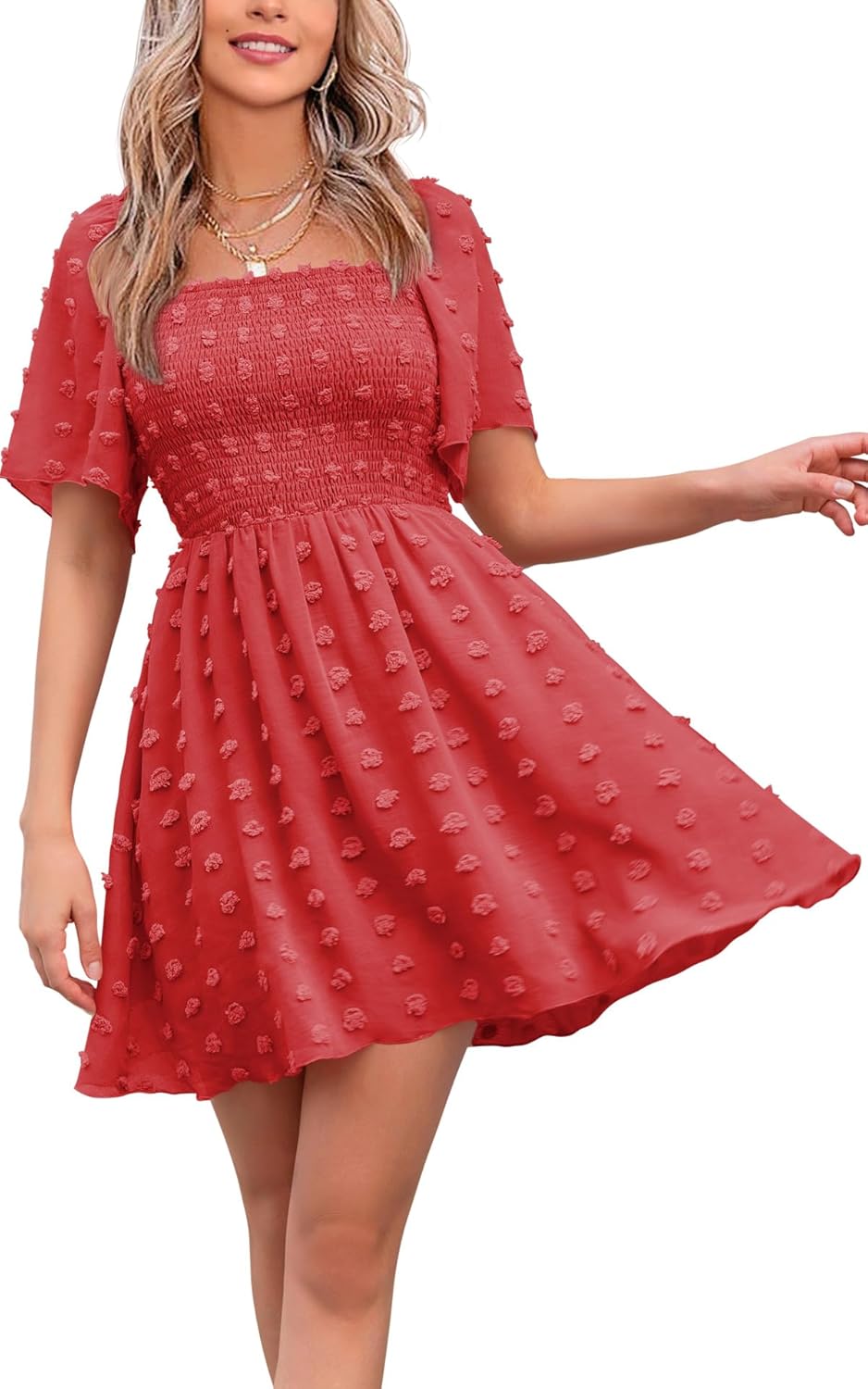 EXLURA Women's 2025 Summer Casual Square Neck Dresses Ruffle Short Sleeve Swiss...