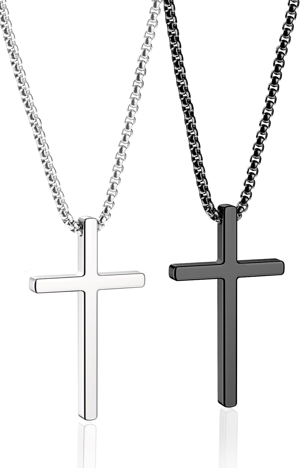 Romass 2 Pcs Cross Necklace for Men,Stainless Steel Pendant Silver Black Crosses...