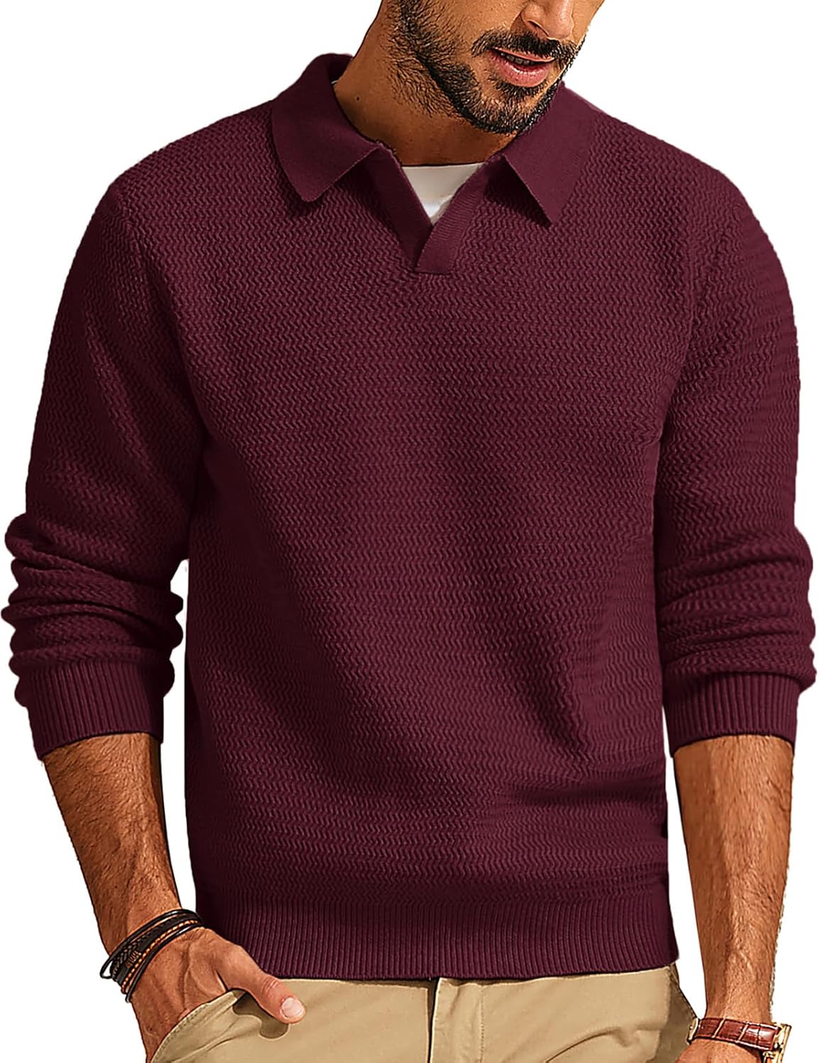 PJ PAUL JONES Men's Polo Shirts Long Sleeve Knit Polo Sweater Cable Knit Texture...