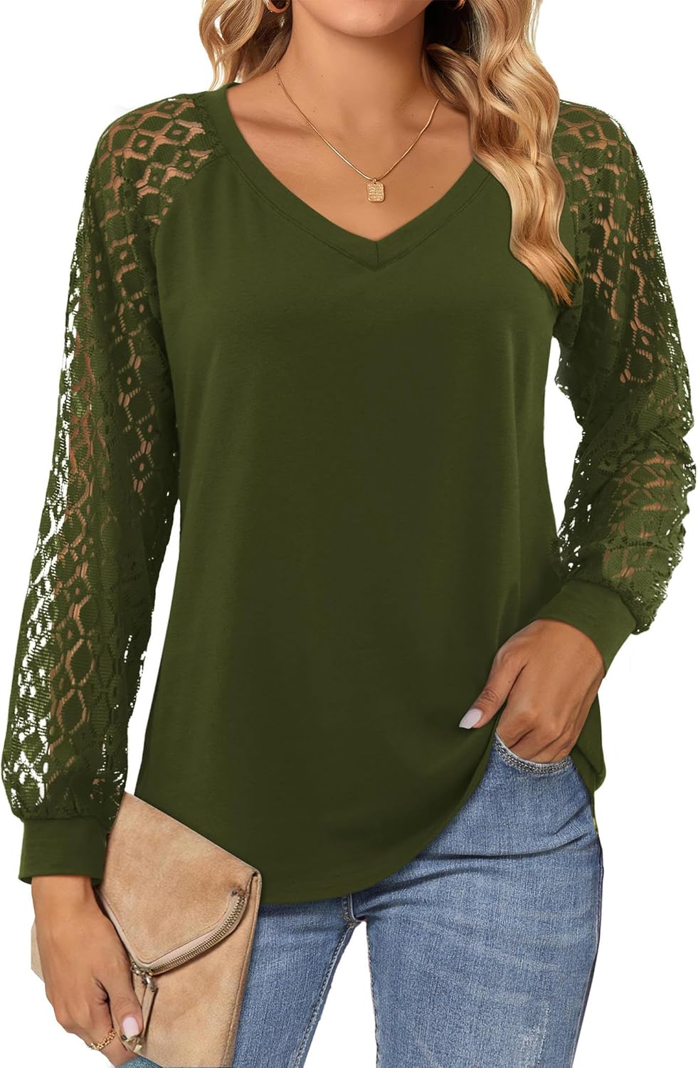 Beluring Womens Lace Long Sleeve Tops Plain V Neck T Shirts Loose Casual Blouse...