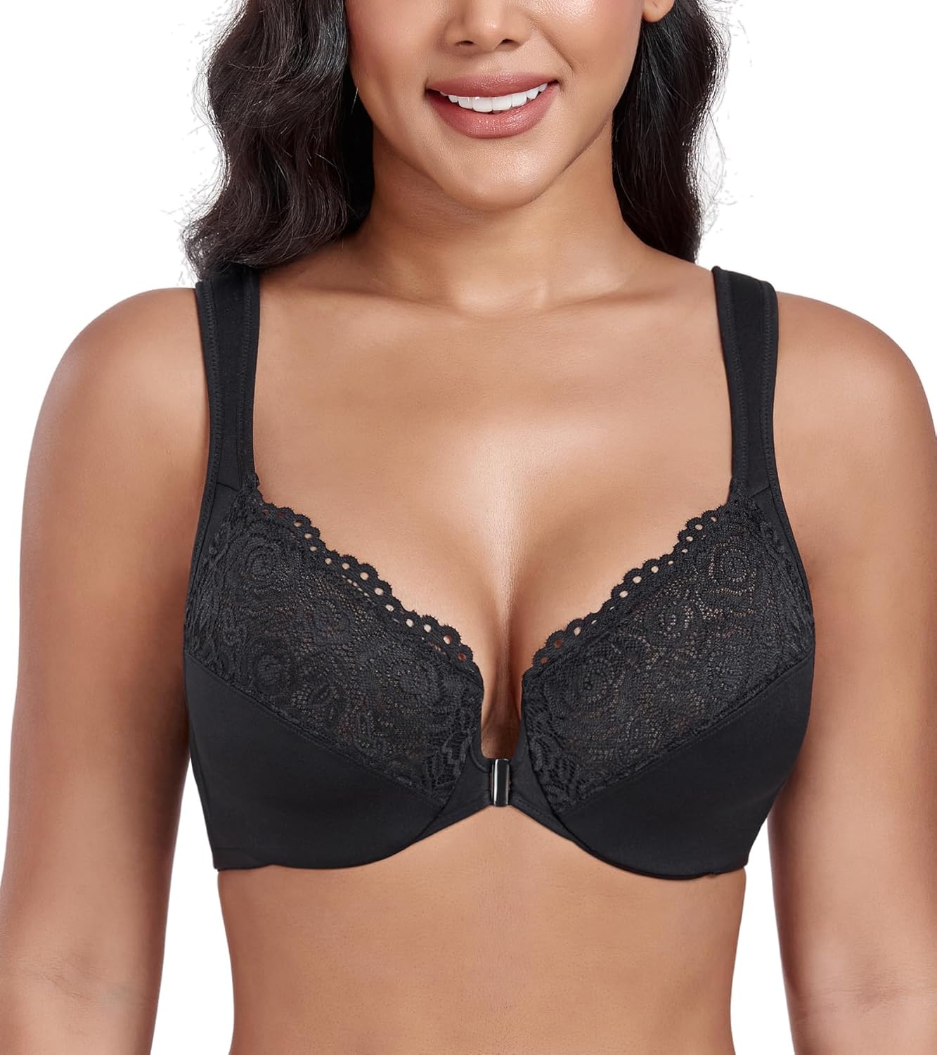 DotVol Women's Front Closure Wide Strap Underwire Bra Lace Plus Size U-Back Unli...