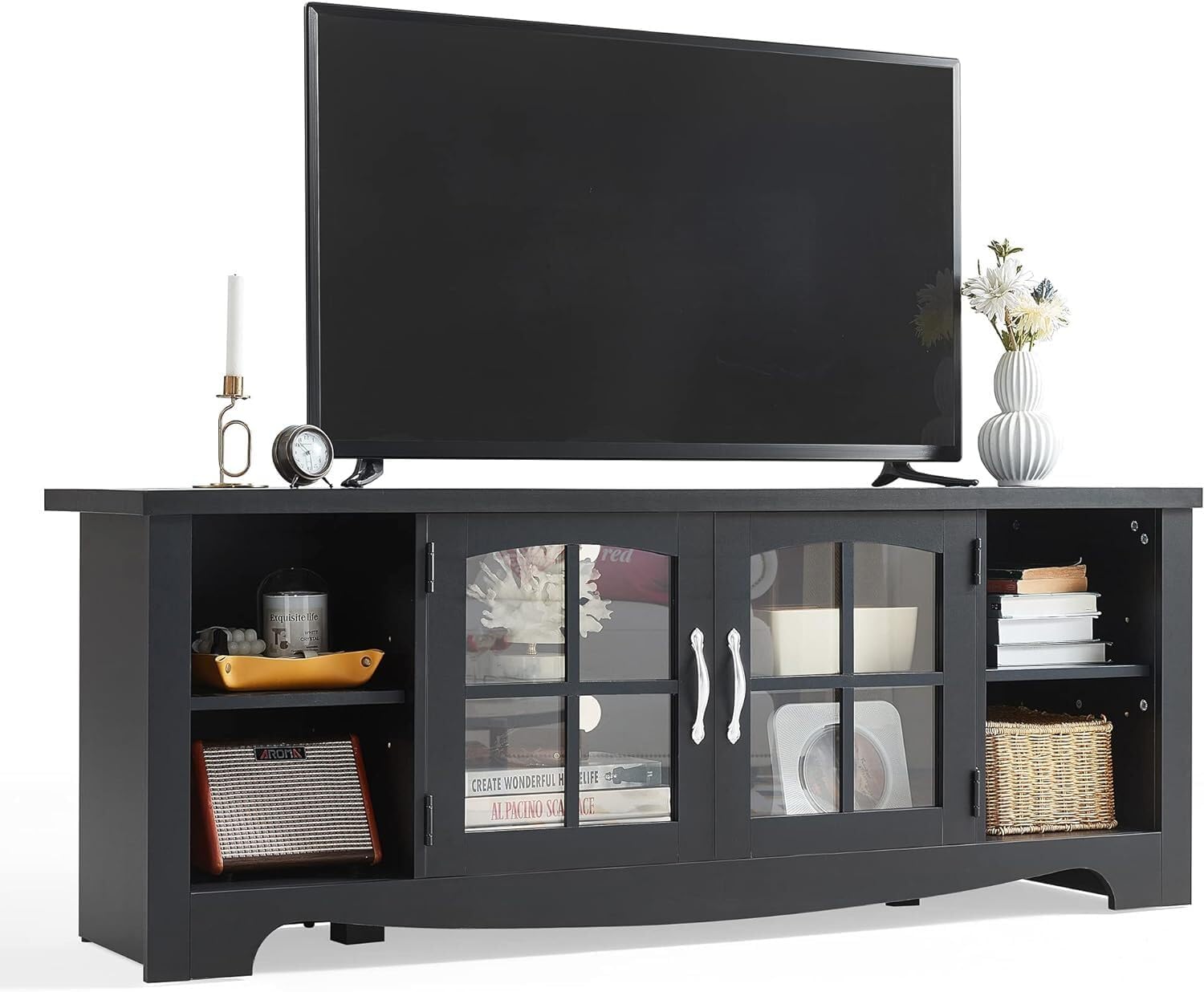 LINSY HOME Farmhouse TV Stand for 65 Inch TV, Wood Entertainment Center with Gla...