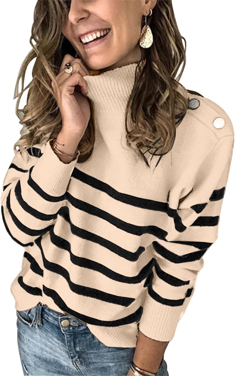 KIRUNDO Women's 2025 Fall Winter Long Sleeve Knit Sweater Turtleneck Striped Loo...