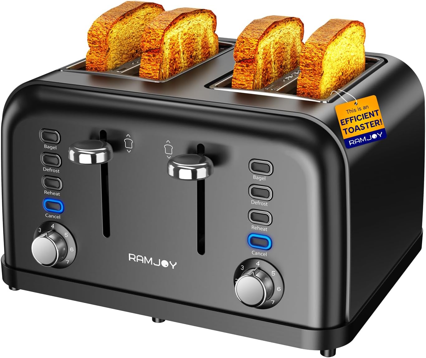 Black Toaster 4 Slice, Dual Independent Controls, Extra Wide Slot Toasters for B...