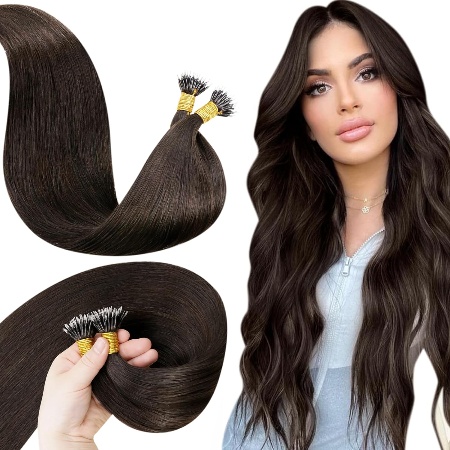 LaaVoo Nano Beads Ring Hair Extensions Darkest Brown Nano Hair Extensions Real H...