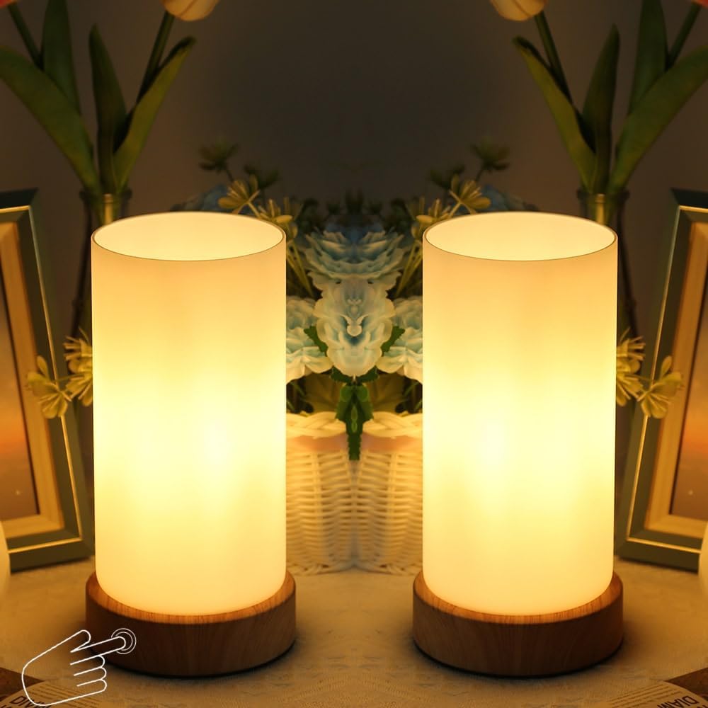 HSLighting Bedside Lamp Touch Control Table Lamp with Wooden Base Warm Glass Sha...